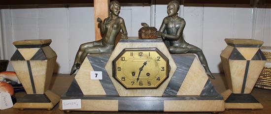 Cream & grey marble Art Deco figurative clock garniture